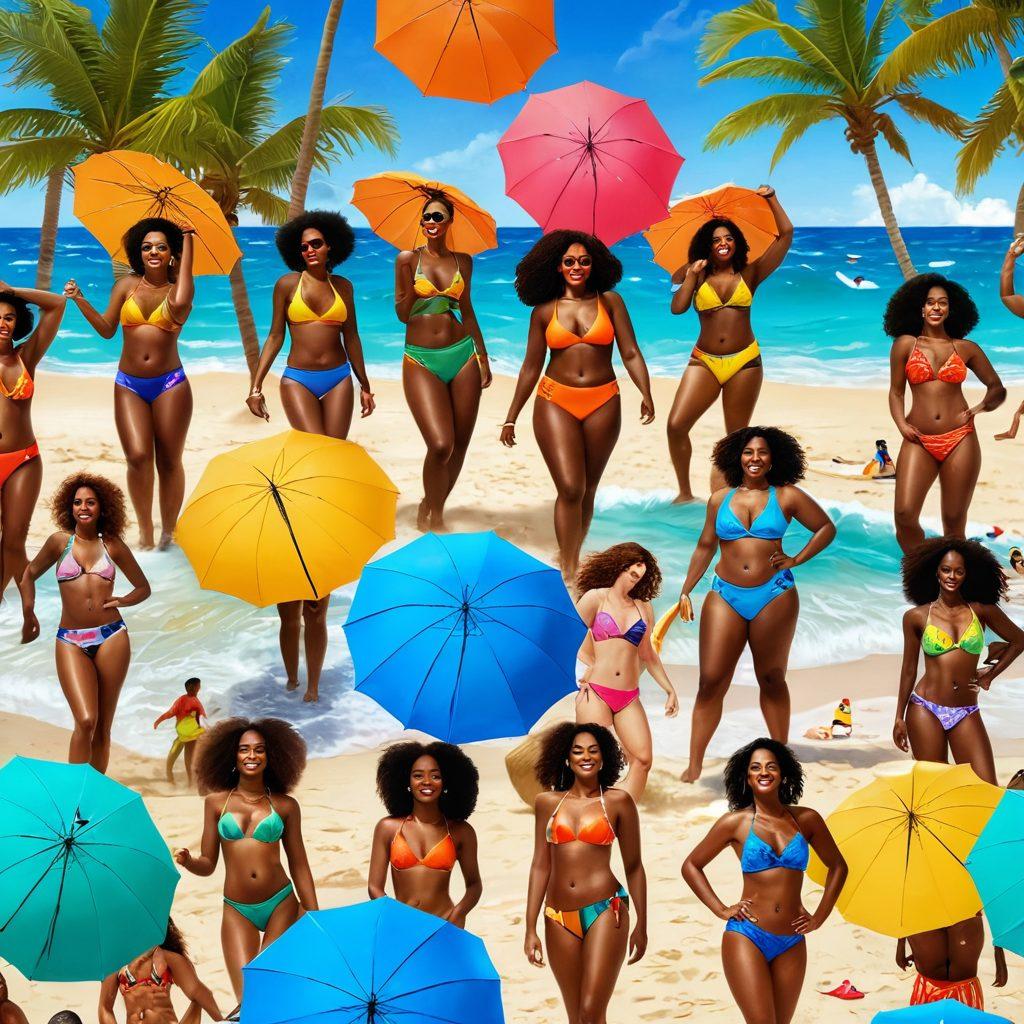 A lively beach scene featuring diverse individuals of all body types wearing vibrant, trendy swimwear, confidently showcasing their styles. Include palm trees, colorful beach umbrellas, and waves crashing in the background. The atmosphere should exude joy and inclusivity, capturing the essence of summer and self-expression. bright colors. super-realistic.