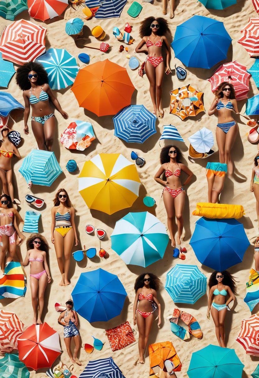 A vibrant beach scene featuring diverse individuals wearing colorful, patterned beachwear. Include various stripes, floral designs, and geometric shapes, with a backdrop of a sunny sky and sandy beach. Add beach accessories like umbrellas, towels, and sunglasses to enhance the summer vibe. Capture the joy of embracing unique styles and inclusivity. super-realistic. vibrant colors. 3D.